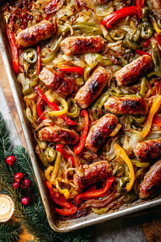 Roasted Italian sausage with caramelized bell peppers and onions, served on a pan for an Italian Christmas dinner.