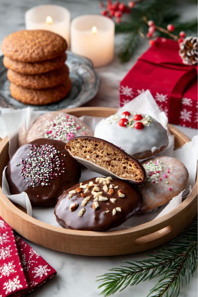 A close-up of golden-brown Lebkuchen spiced cookies on wafer rounds, some coated with chocolate glaze and decorated with candied fruit and almonds, perfect for Italian Christmas Recipes and festive Winter Holiday Meals.
