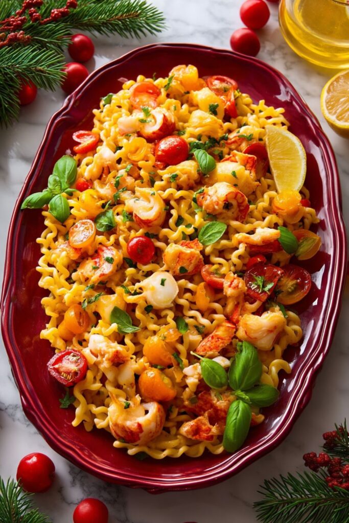A luxurious bowl of lobster pasta with cherry tomatoes, fresh herbs, and lemon zest, glistening with olive oil—an elegant choice for Italian Christmas dinner ideas and seafood holiday feasts.