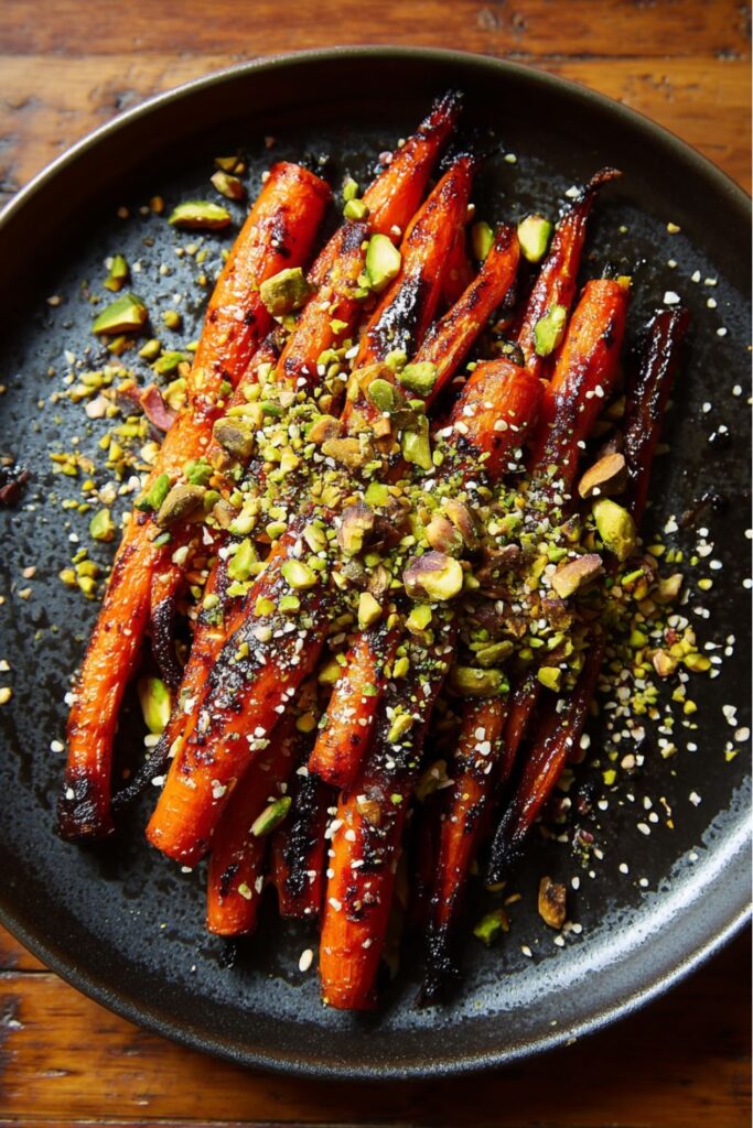 Roasted maple miso glazed carrots topped with chopped pistachios and sesame seeds, served on a white platter as a healthy Thanksgiving vegetable side dish.