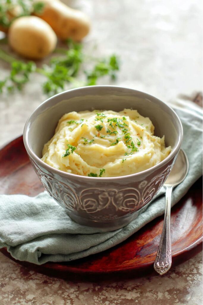 A bowl of creamy mashed gold potatoes with garlic and mustard, served as a comforting Thanksgiving for one side dish.