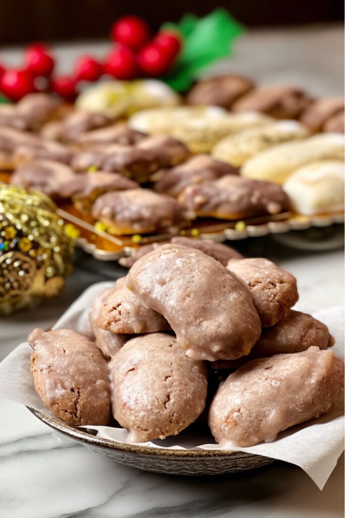Rows of chocolate-glazed Mostaccioli cookies with a glossy finish cooling on a wire rack, ready to serve as part of Italian Christmas Dinner Ideas.