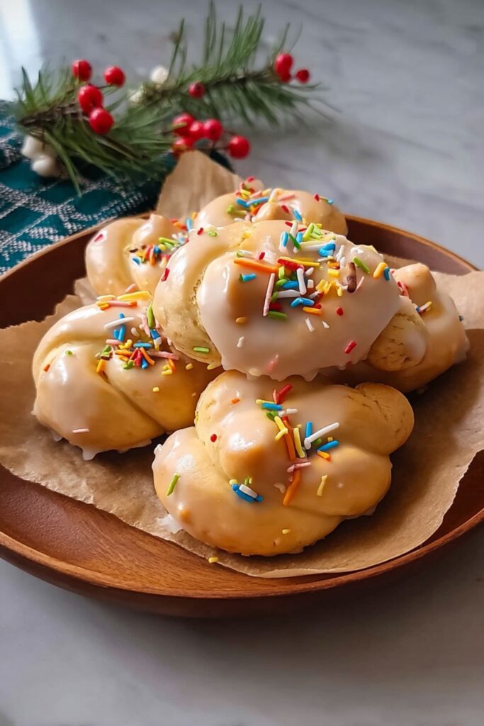 Small golden-brown nodini cookies on a wire rack, coated with white glaze and colorful sprinkles, showcasing a festive Italian Holiday Foods treat for a Yuletide Recipes dessert table.