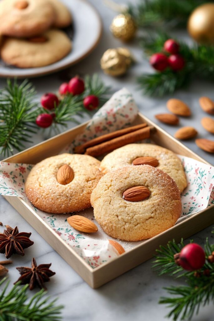 Golden Sicilian Nzuddi almond cookies dusted with sugar and topped with whole almonds, displayed on a white platter as part of an Italian Christmas Dinner Ideas spread.