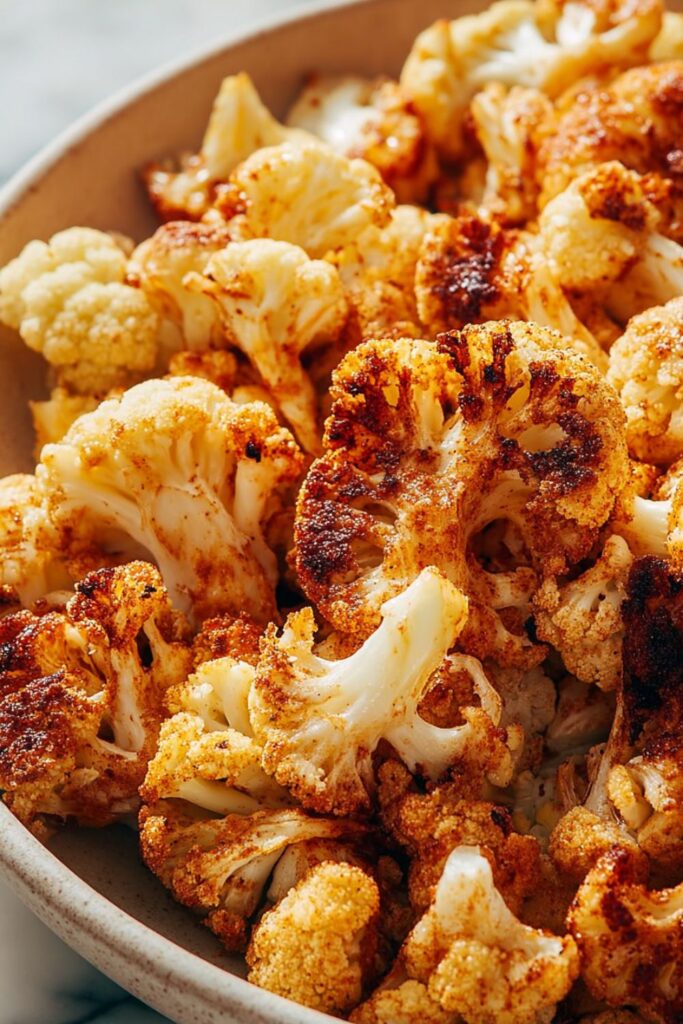 Golden roasted cauliflower florets seasoned with Old Bay and olive oil, served on a white platter as a simple and flavorful Thanksgiving vegetable side dish.