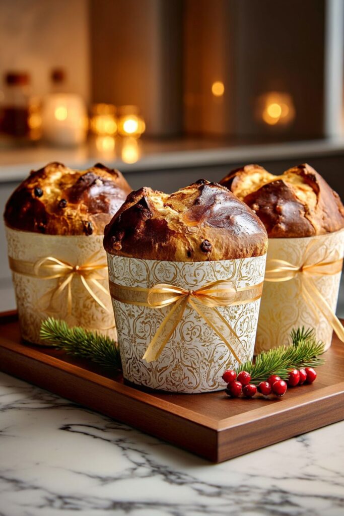 Tall, golden-brown panettone bread with a shiny, pearl-sugar-topped crust, dotted with raisins and candied orange peel, cooling on a wire rack as part of an Italian Christmas dinner spread.