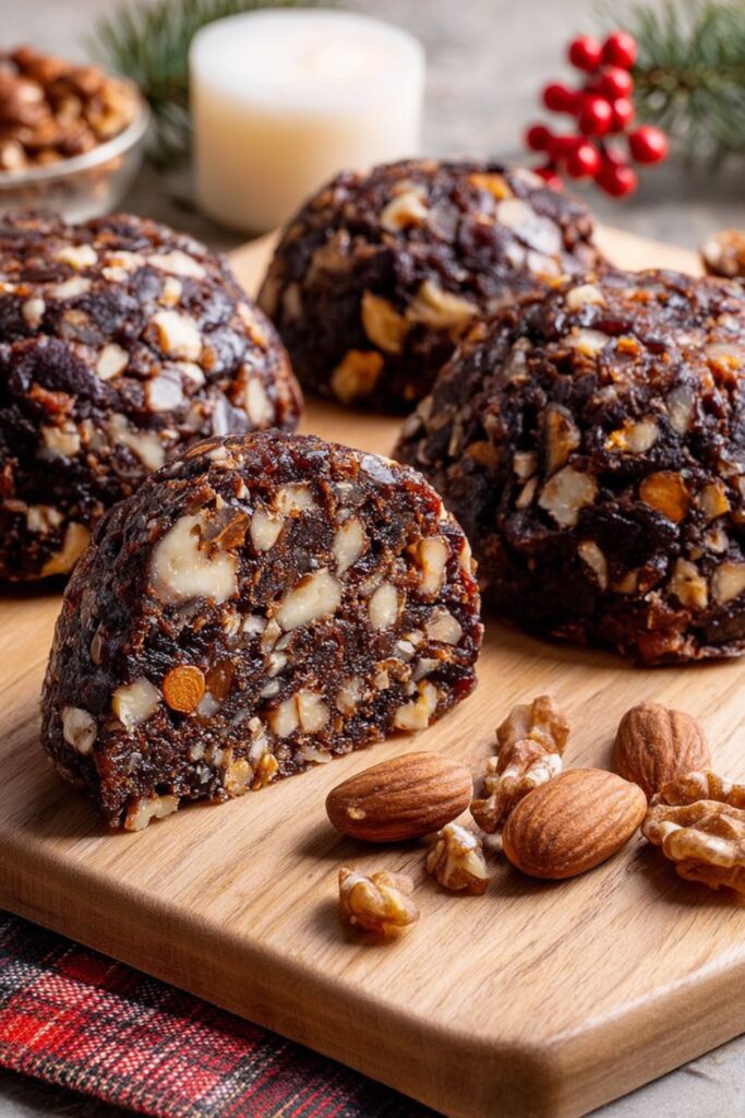 Sliced Panpepato fruit and nut loaves on a wooden board, showing a mix of raisins, candied orange, hazelnuts, walnuts, and almonds, highlighting Italian Holiday Foods and a Festive Dinner Menu.