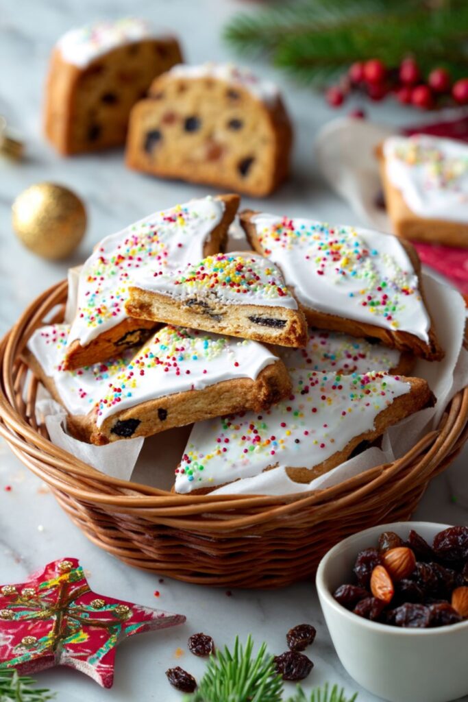 Glazed Papassini cookies topped with colorful sprinkles cooling on a wire rack, part of an Italian Christmas Dinner Ideas dessert display.