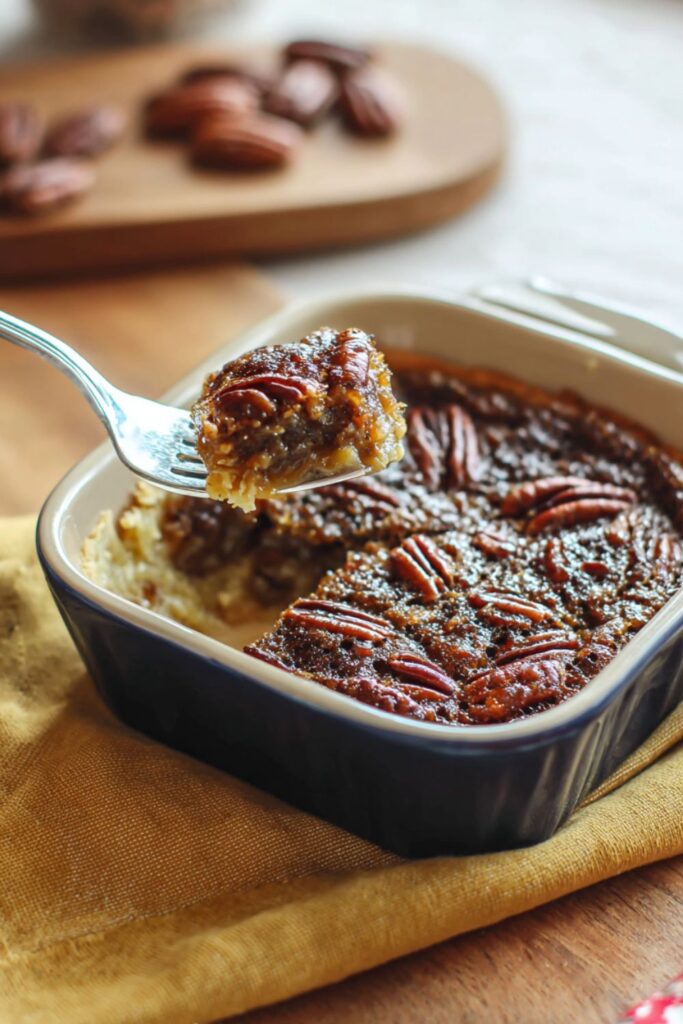 A small square pecan pie bar with a golden crust and glossy nut topping, perfect as a sweet treat for a Thanksgiving for one person celebration.