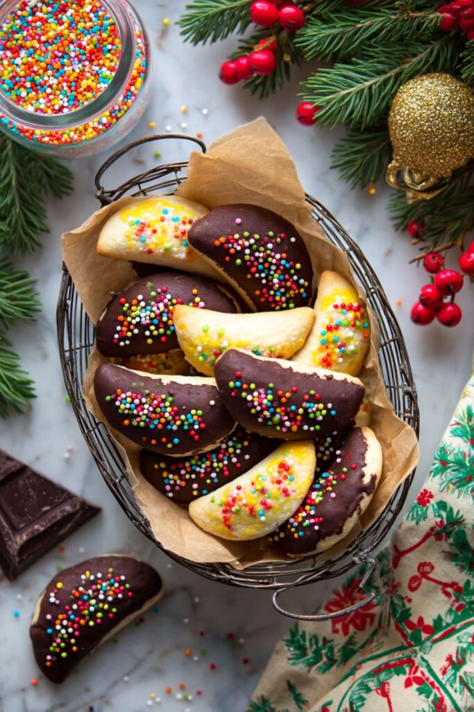A close-up of Petrali Calabresi cookies glazed with dark chocolate and colorful sprinkles, showcasing a festive Italian Holiday Dinner treat for Christmas.