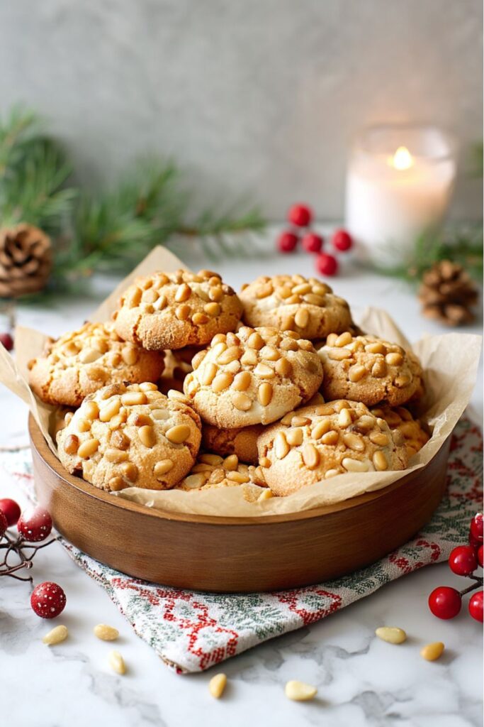 Golden, round Pinolate almond cookies coated with pine nuts, arranged on a parchment-lined baking sheet, representing Italian Holiday Foods and a Festive Dinner Menu.
