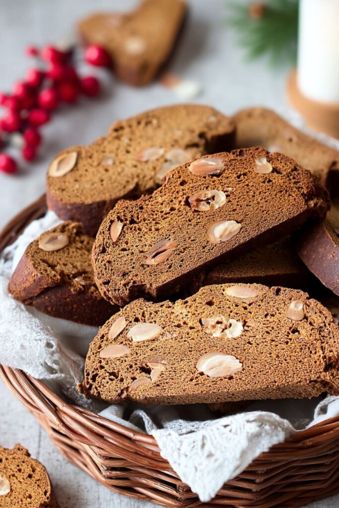 Crunchy almond Piparelli cookies arranged on a baking sheet, golden brown and glazed, showcasing Italian Holiday Foods and a Festive Dinner Menu.