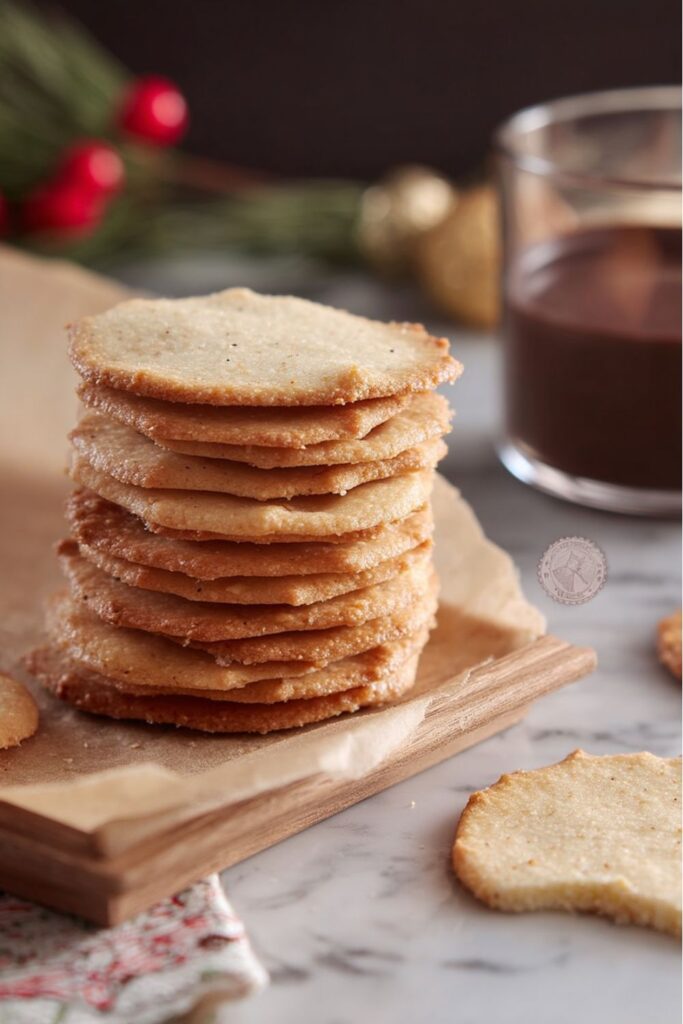 Thin, golden-brown almond and hazelnut pizzelle cookies cooling on parchment paper, showcasing Italian Christmas Recipes dessert for festive dinner menu.