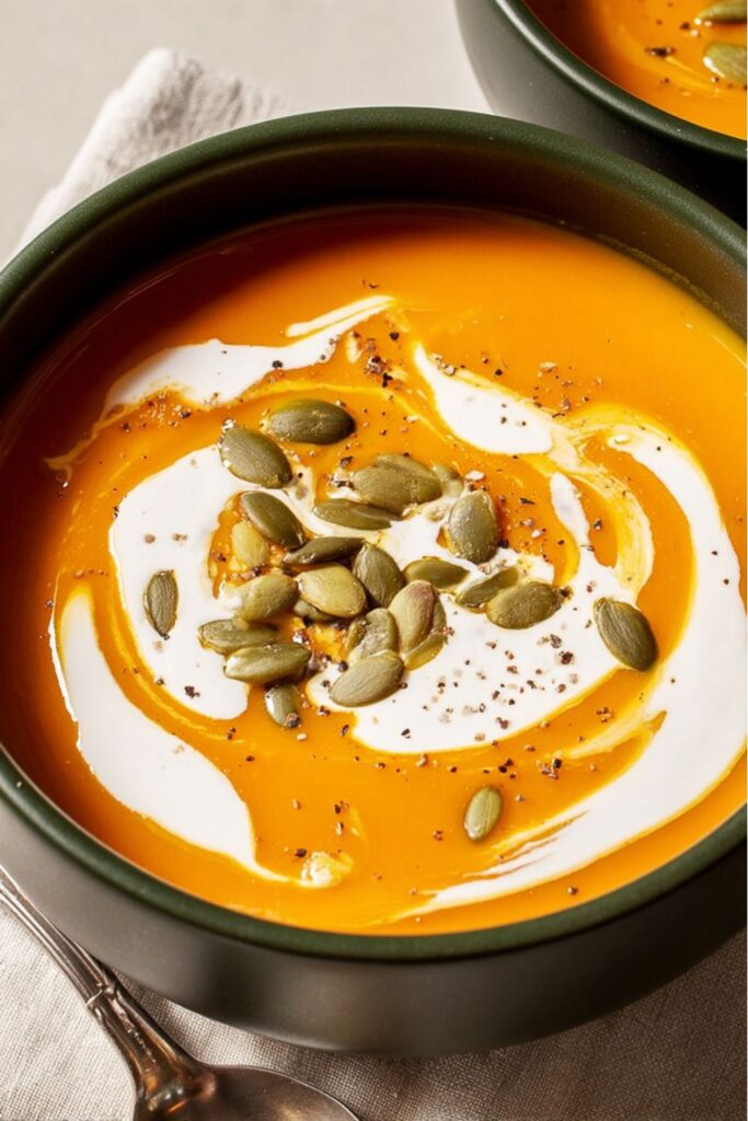 Creamy pumpkin and butternut squash soup served in white bowls, topped with a swirl of cream and roasted pumpkin seeds, perfect as a cozy Thanksgiving vegetable side dish.