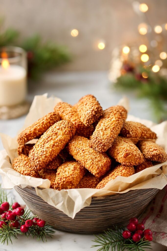 Golden-brown Reginelle sesame cookies lined on a baking sheet, coated with toasted sesame seeds, representing Italian Holiday Foods and a Festive Dinner Menu.