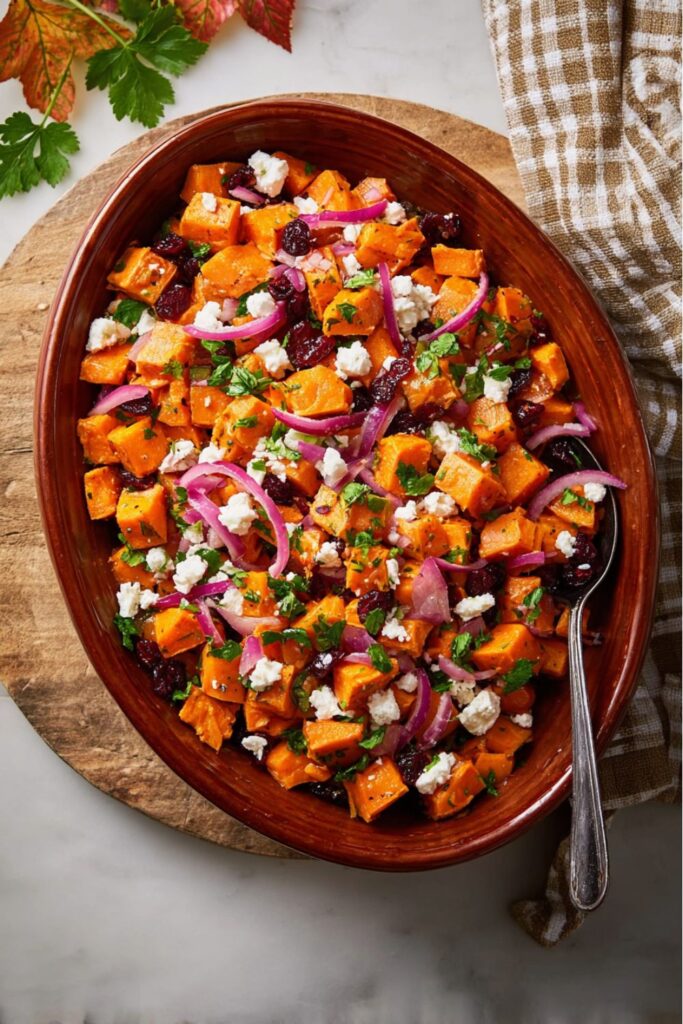 Roasted sweet potato salad with red onions, dried cranberries, feta cheese, and parsley served in a white bowl, a colorful and hearty Thanksgiving vegetable side dish.
