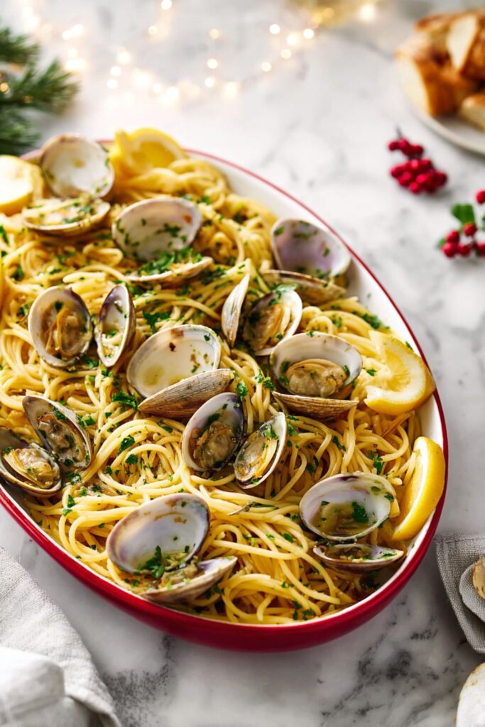 A plate of spaghetti alle vongole with tender clams, garlic, parsley, and olive oil, a classic Italian seafood dish perfect for Italian Christmas dinner ideas and festive holiday feasts.