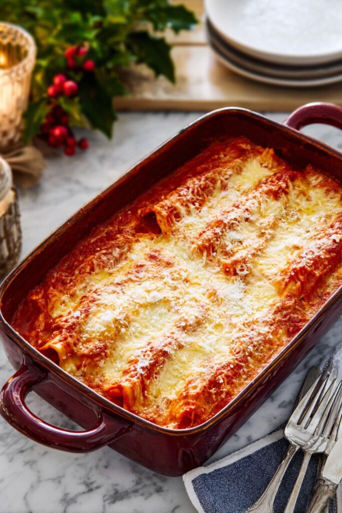 Baked spinach and ricotta manicotti covered in melted mozzarella and rich marinara sauce, a comforting and colorful dish perfect for Italian Christmas dinner ideas and holiday feasts.