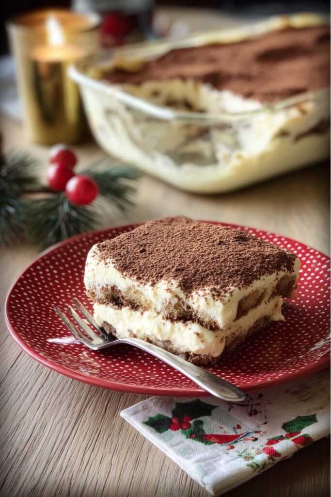 creamy tiramisu dusted with cocoa powder and layered with mascarpone and espresso-soaked ladyfingers inspired by Stanley Tucci Christmas recipes