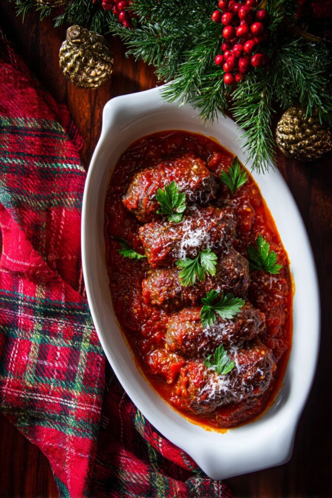 tender Italian beef rolls simmering in tomato sauce with garlic, parsley, and Pecorino inspired by Stanley Tucci Christmas recipes