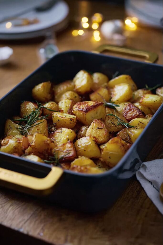 golden roasted potatoes with garlic, rosemary, and oregano on a baking pan inspired by Stanley Tucci Christmas recipes