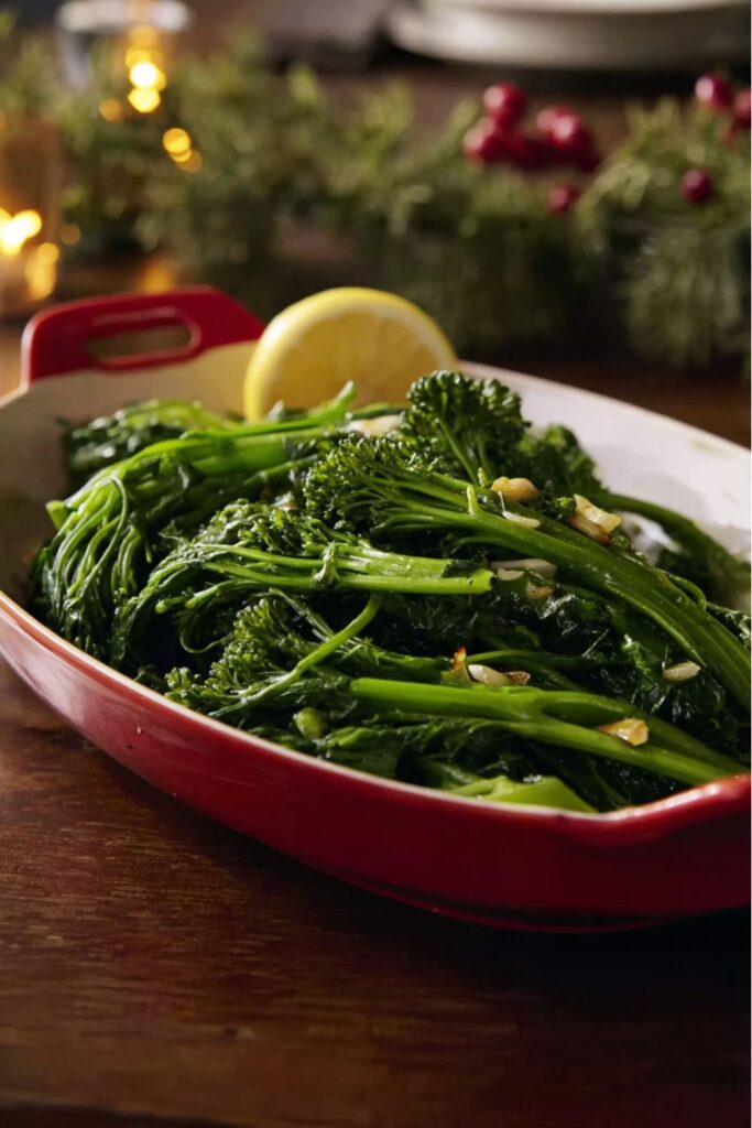 sautéed broccoli rabe with garlic and olive oil on a marble countertop, inspired by Stanley Tucci Christmas recipes