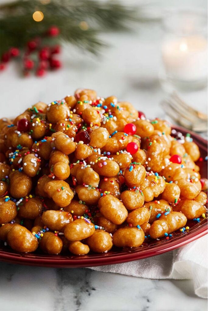 Golden, bite-sized struffoli coated in glossy honey, decorated with colorful sprinkles and candied citrus pieces, presented on a festive plate as part of an Italian Christmas dinner spread.