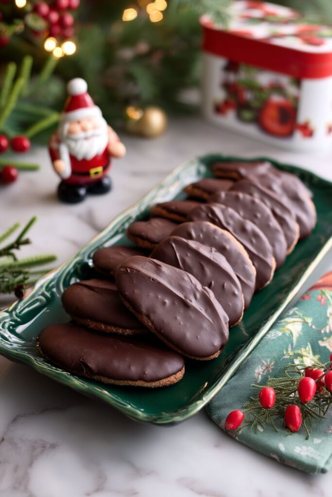 A tray of chocolate-glazed Susumelle Calabresi cookies with a hint of orange zest, part of classic Italian Christmas recipes and festive holiday desserts.
