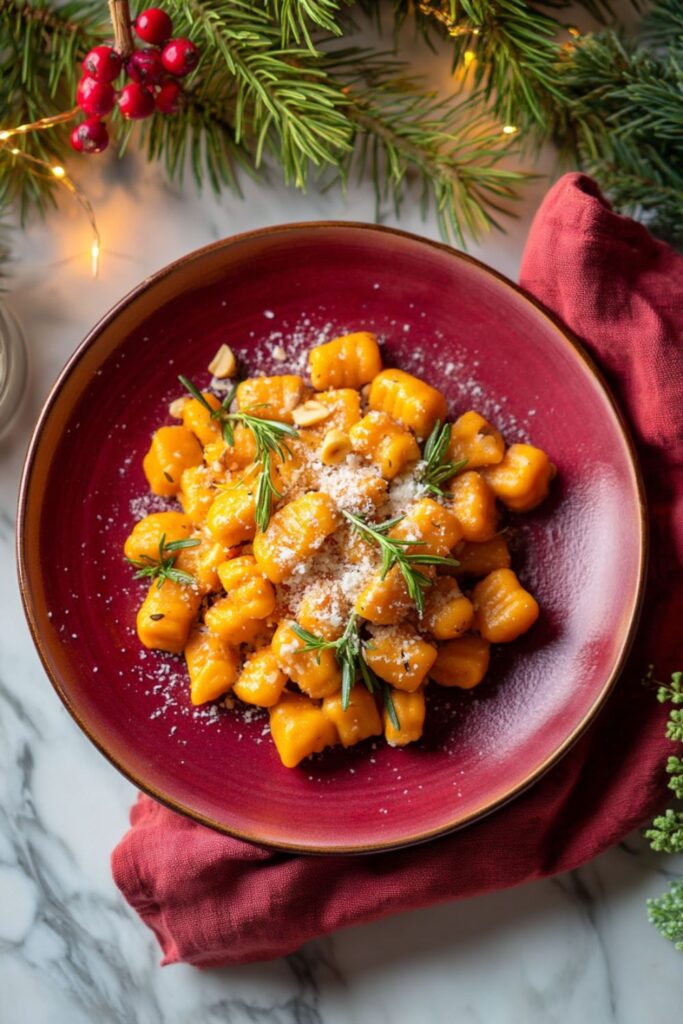 Golden sweet potato gnocchi tossed in butter and parmesan, sprinkled with nutmeg and cinnamon, perfect for cozy Italian Christmas dinner ideas and festive holiday menus.