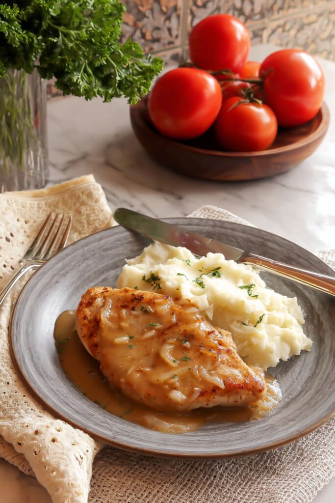 A juicy turkey breast cutlet topped with golden onion-garlic gravy on a small plate, perfect for a Thanksgiving for one person dinner.