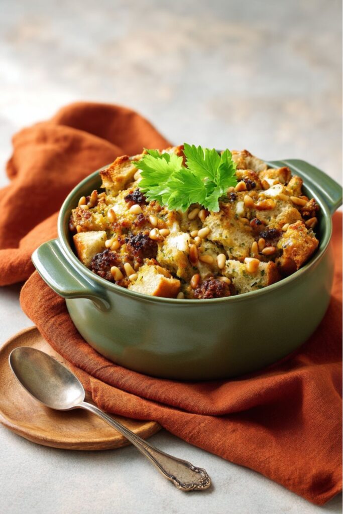 A small baking dish filled with golden-brown sausage stuffing made with sourdough bread, vegetables, and pine nuts, perfect for a Thanksgiving for one meal.