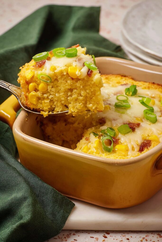 A small golden cornbread bake topped with melted cheddar, crispy bacon, and green onions, served warm as a cozy Thanksgiving for one dish.
