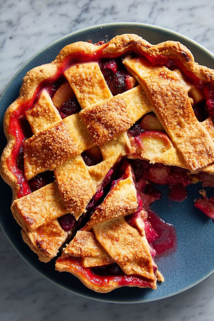 A golden-brown lattice apple cranberry pie with bubbling fruit filling and a flaky crust, perfect for Easy Thanksgiving Potluck Dishes and festive gatherings.