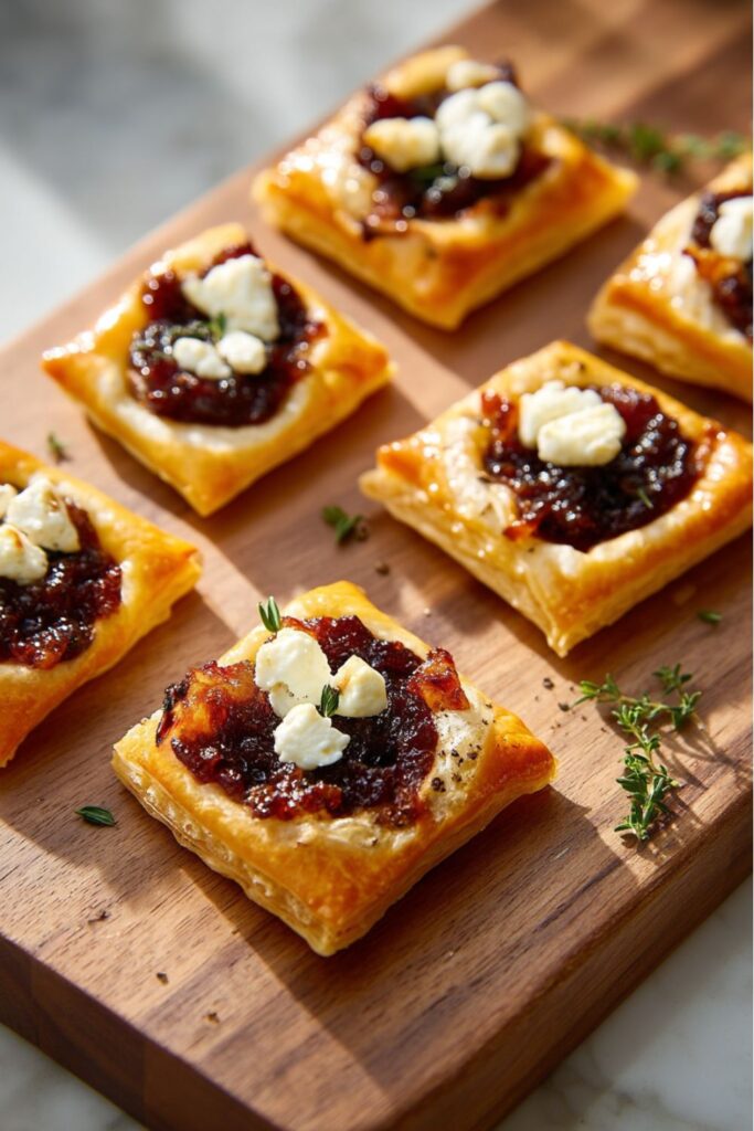 Mini puff pastry tarts topped with caramelized onions, crumbled goat cheese, and a drizzle of honey — a savory Thanksgiving Potluck appetizer perfect for sharing with guests.