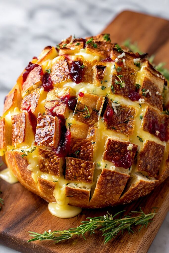 A golden pull-apart bread loaf stuffed with gooey melted Brie cheese and cranberry sauce, brushed with butter and herbs — an irresistible Thanksgiving Potluck appetizer ready to share.