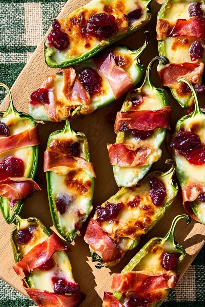 Cranberry brie jalapeño poppers wrapped in crispy prosciutto, baked until golden, and served with extra cranberry sauce on a marble countertop — a festive and spicy addition to your Thanksgiving Potluck Dishes.