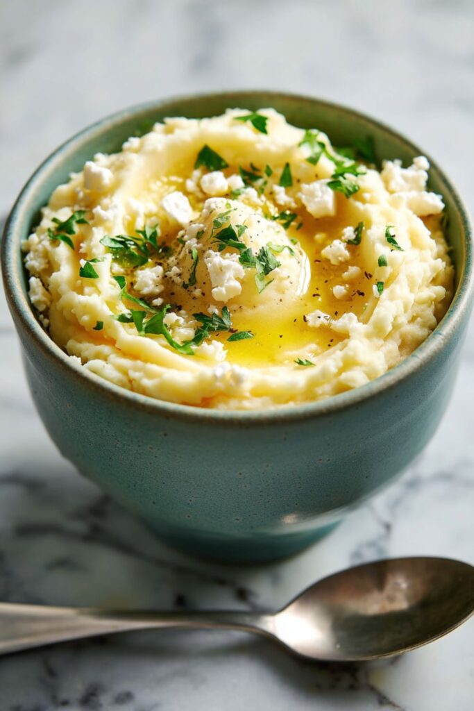 A bowl of creamy mashed potatoes topped with crumbled feta, melted butter, and fresh parsley — a comforting Thanksgiving Potluck side dish ready to serve.