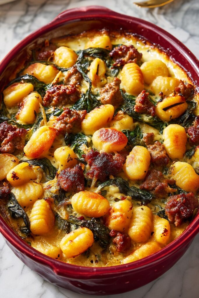 A golden-baked gnocchi sausage stuffing in a casserole dish, mixed with spinach, herbs, and crispy edges — a hearty Thanksgiving Potluck main dish perfect for sharing.