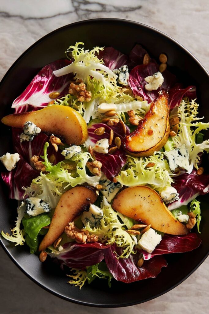 A fresh salad with caramelized pear slices, candied pumpkin seeds, frisée greens, and crumbled blue cheese — a colorful and elegant option for Easy Thanksgiving Potluck Dishes.