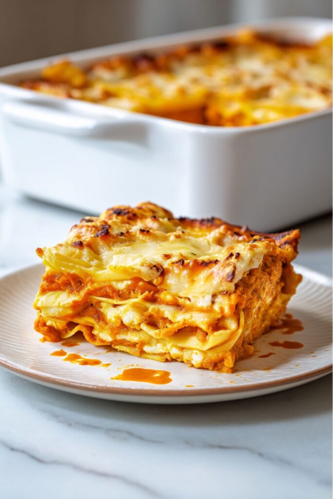 A golden, cheesy pumpkin lasagna layered with creamy ricotta, melted mozzarella, and sage-seasoned pumpkin sauce — a comforting Thanksgiving Potluck main dish perfect for sharing.