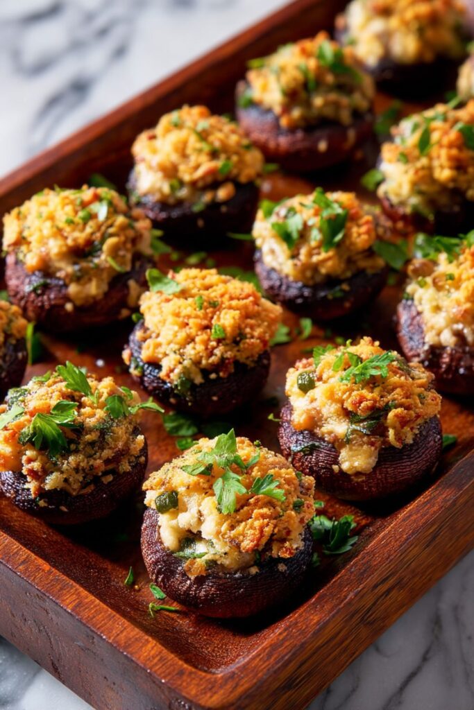 A tray of golden-brown stuffed mushrooms filled with a creamy cheese and breadcrumb mixture, garnished with parsley — a bite-sized Thanksgiving Potluck appetizer perfect for sharing.