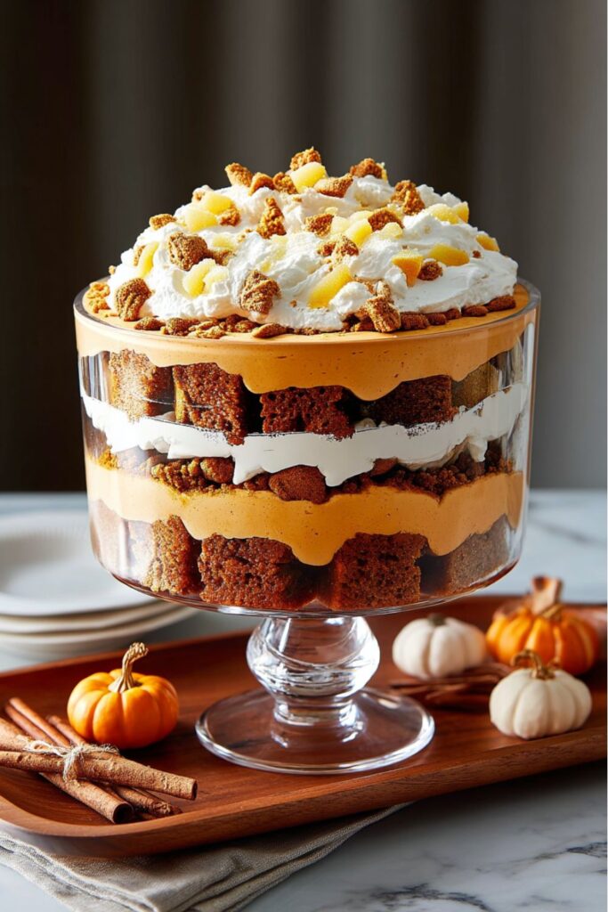 Pumpkin gingersnap trifle layered with creamy pumpkin filling, whipped cream, and crushed cookies in a glass dish — a showstopping dessert perfect for Thanksgiving Potluck Dishes and festive gatherings.