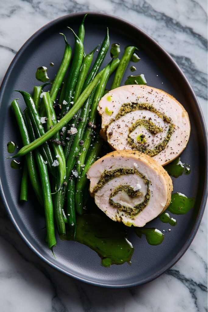 Sliced turkey roulade filled with golden herb and garlic stuffing, arranged neatly on a platter — a flavorful Thanksgiving Potluck main dish perfect for sharing with a crowd.