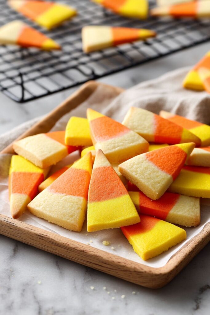 Tri-colored candy corn shortbread cookies in orange, yellow, and white shades, arranged as festive Thanksgiving school treats for kids.