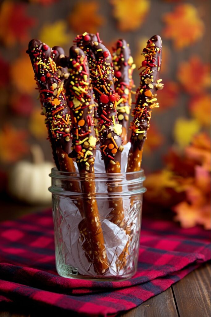 Chocolate-dipped pretzel rods decorated with colorful fall sprinkles, arranged as festive Thanksgiving school treats for kids.