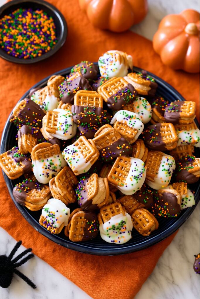 Peanut butter pretzel bites dipped in chocolate and white chocolate with colorful sprinkles, arranged as fun Thanksgiving school treats for kids.