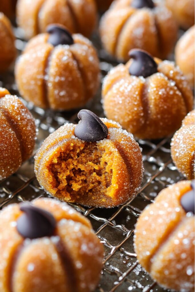 Pumpkin-shaped Biscoff truffles coated in sugar with chocolate chip stems, arranged as festive Thanksgiving school treats for kids.
