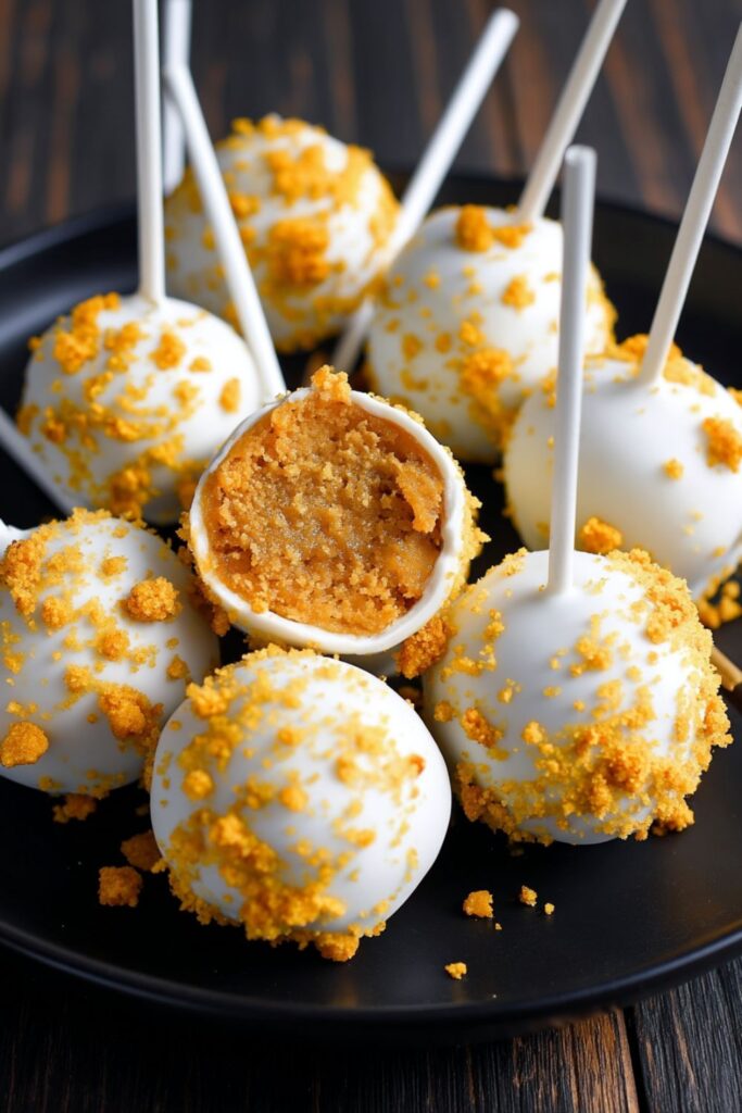 Pumpkin-flavored cake pops coated in white chocolate and sprinkled with cake crumbs, displayed as festive Thanksgiving school treats for kids.