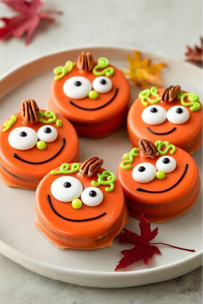 Bright orange pumpkin-shaped chocolate-covered Oreo cookies decorated with candy eyes, pecan stems, and green icing vines as fun Thanksgiving school treats for kids.