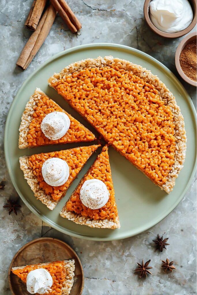 Round pumpkin pie-shaped Rice Krispies treat with an orange filling and whipped cream topping, sliced into wedges as fun Thanksgiving school treats for kids.